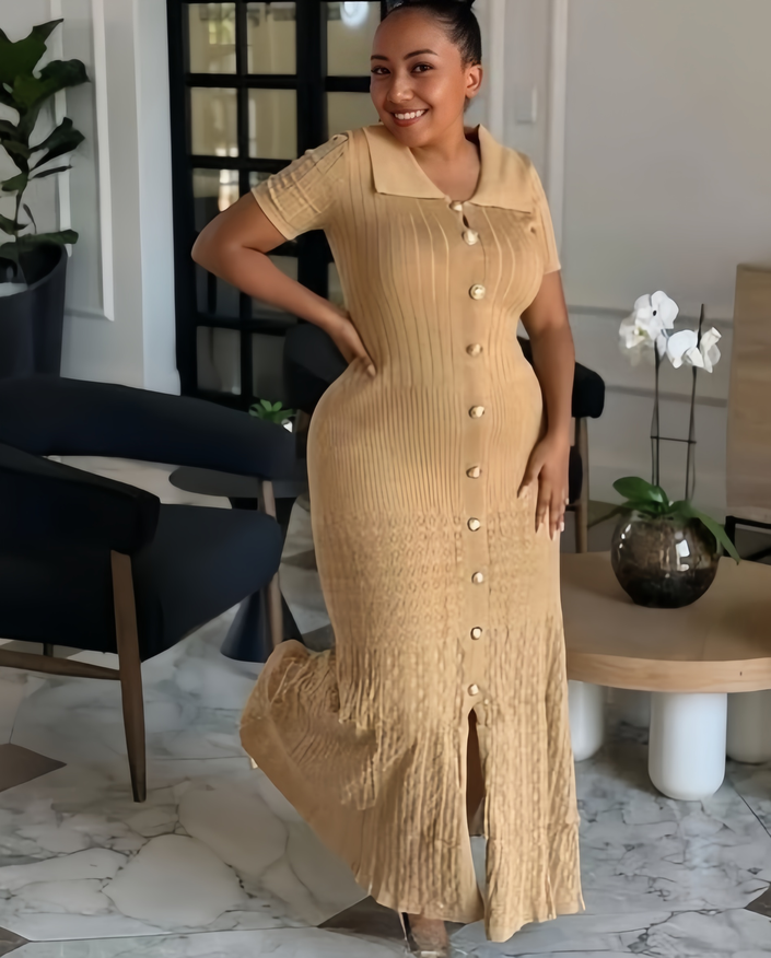 Tan knit midi dress with short sleeves, button front and fitted waist