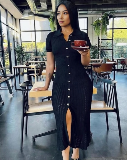 Black knit midi dress with short sleeves, button front and side slit