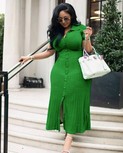 Lime-green knit midi dress with short sleeves, button front and side slit