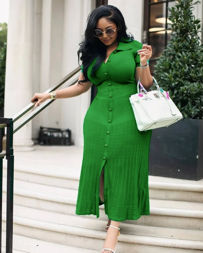 Lime-green knit midi dress with short sleeves, button front and side slit