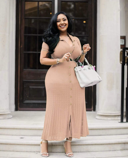 Nude v-neck knit maxi dress, button front with side slit and short sleeves