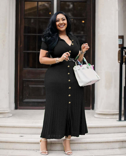 Black v-neck knit maxi dress, button front with side slit and short sleeves