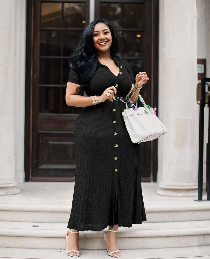 Black v-neck knit maxi dress, button front with side slit and short sleeves