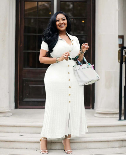 White v-neck knit maxi dress, button front with side slit and short sleeves