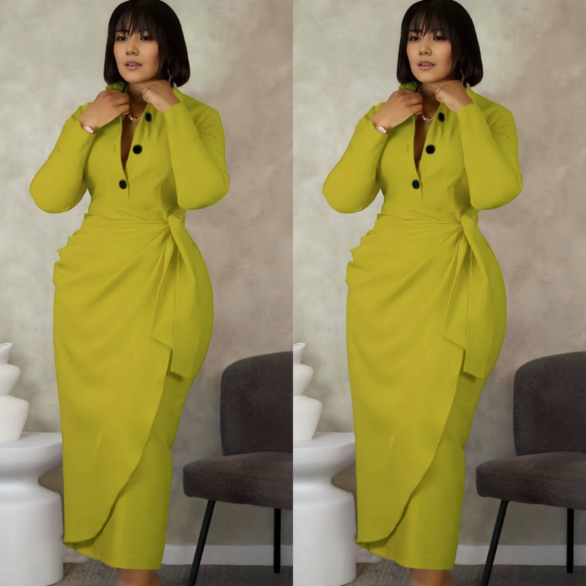 Green-yellow midi dress with bow detail, button front and stretchy waist