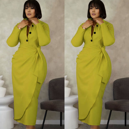 Green-yellow midi dress with button front, long sleeves, twist waist and bow detail