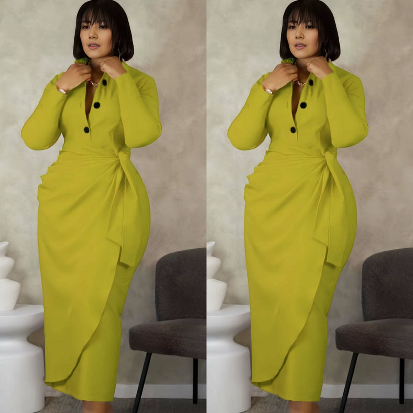 Green-yellow midi dress with bow detail, button front and stretchy waist