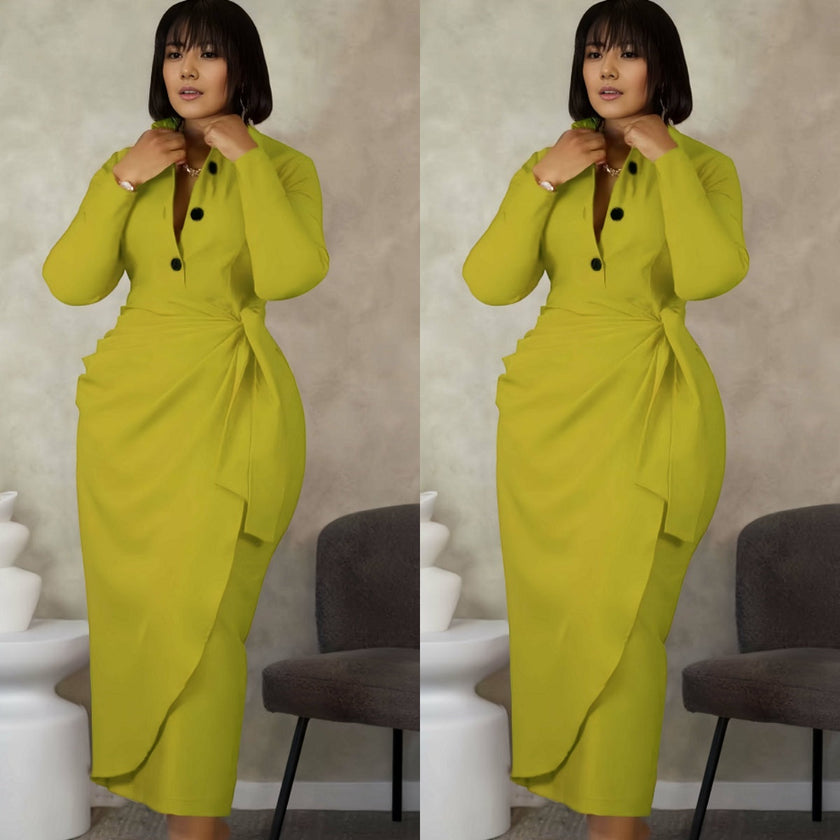 Elegant Long Sleeve Dress with Button Detail and Bow Accent