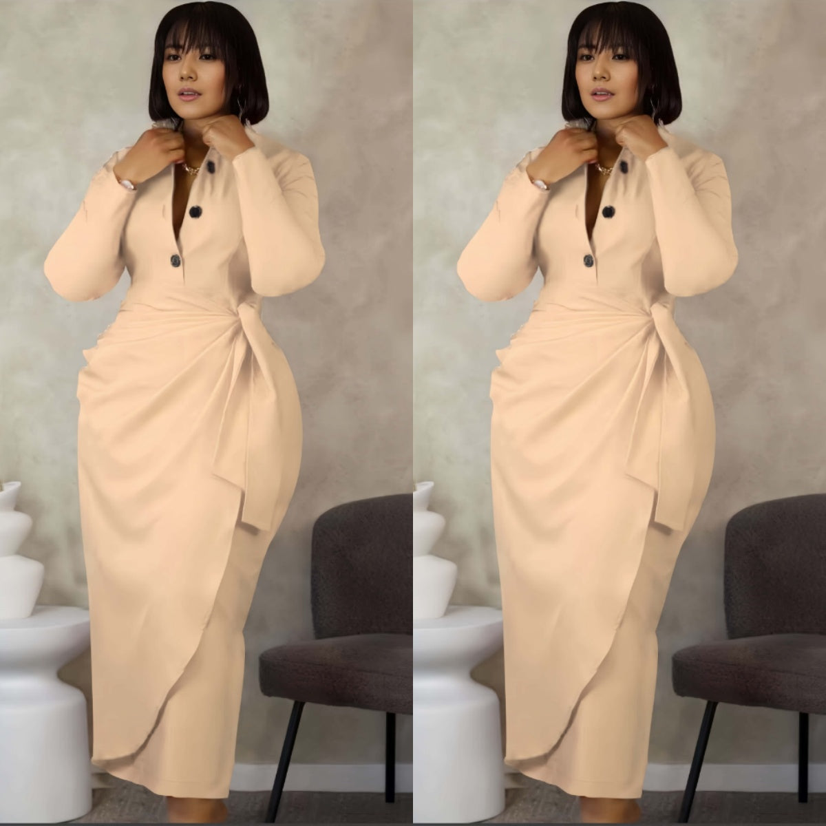 Nude midi dress with bow detail, button front and stretchy waist