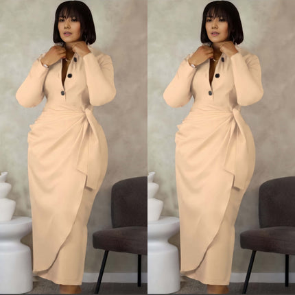 Nude midi dress with button front, long sleeves, twist waist and bow detail