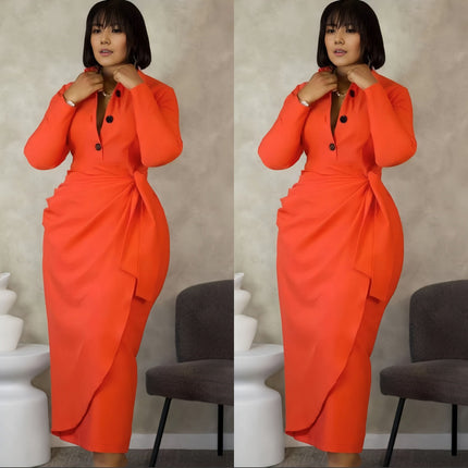 Orange-red midi dress with button front, long sleeves, twist waist and bow detail