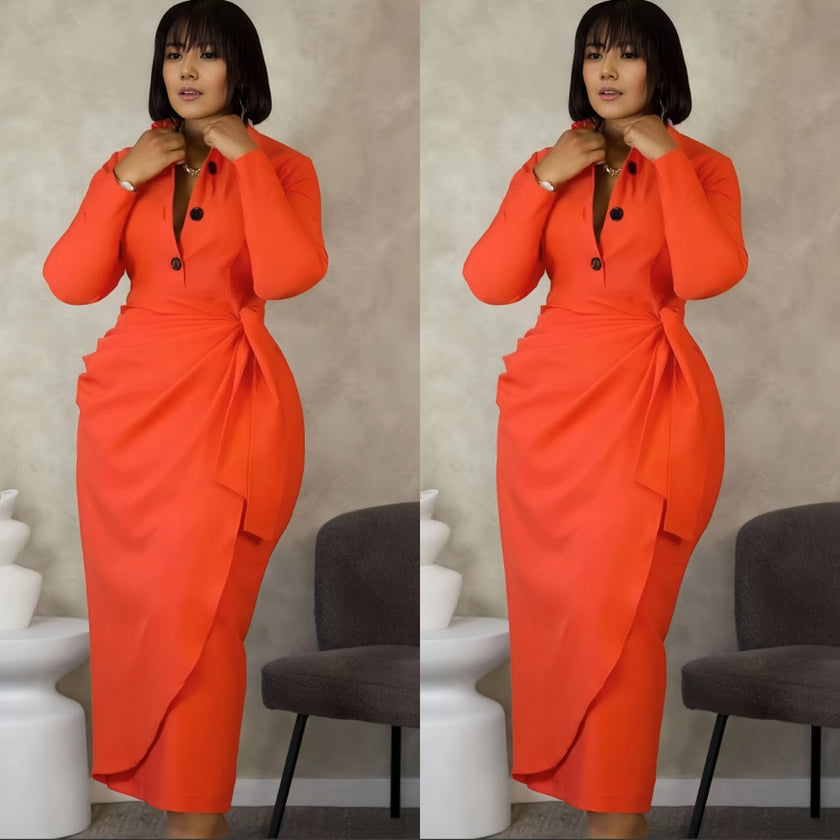 Orange-red midi dress with bow detail, button front and stretch waist