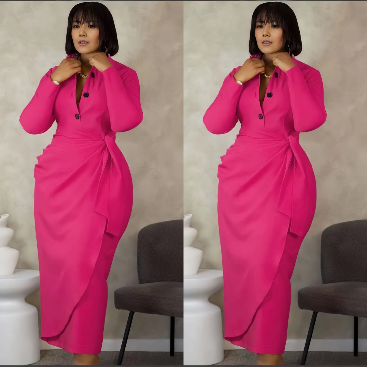 Deep-pink midi dress with bow detail, button front and stretchy waist