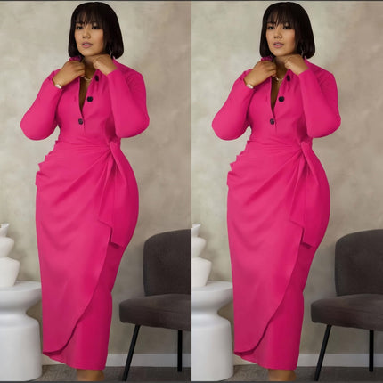 Deep-pink midi dress with button front, long sleeves, twist waist and bow detail