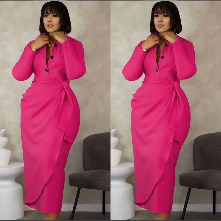 Deep-pink midi dress with bow detail, button front and stretchy waist