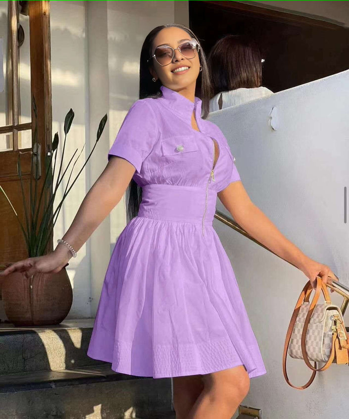 Light purple A-line mini dress with high collar, short sleeves, front zip, flared skirt