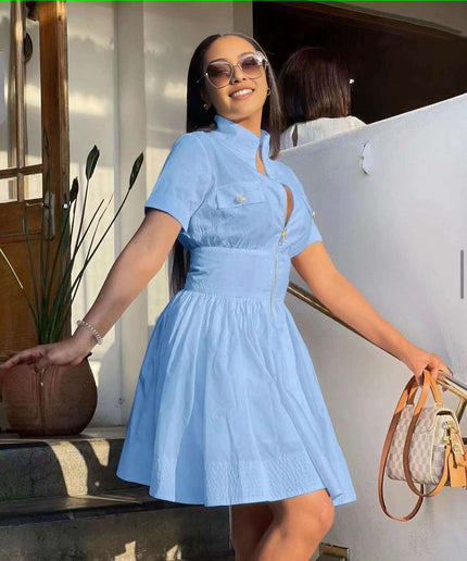Sky blue A-line mini dress with high collar, short sleeves, front zip, flared skirt