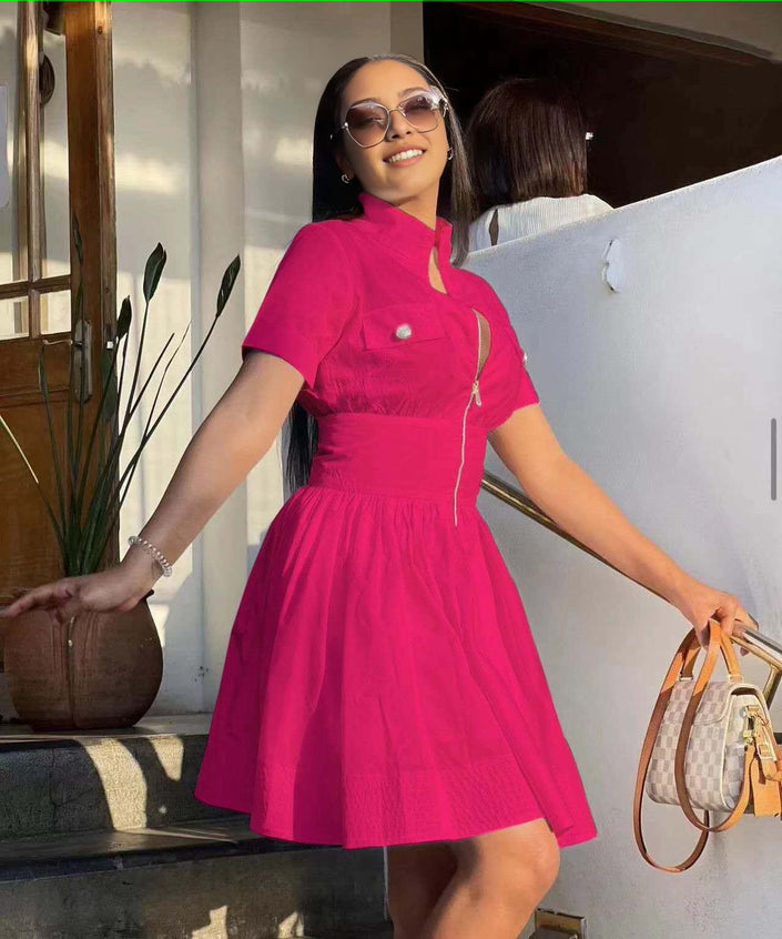 Deep pink A-line mini dress with high collar, short sleeves, front zip, flared skirt