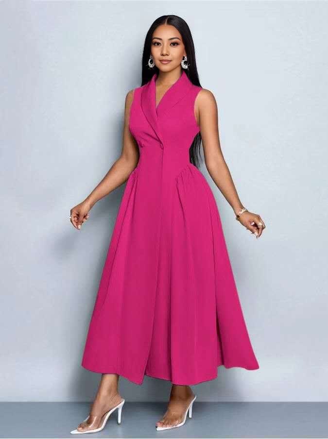 Magenta sleeveless midi dress with pleated A-line skirt and V-neck wrap bodice