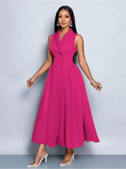 Magenta sleeveless midi dress with pleated A-line skirt and V-neck wrap bodice