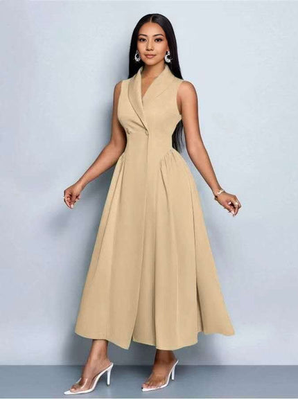 Tan sleeveless midi dress with pleated A-line skirt and V-neck wrap bodice