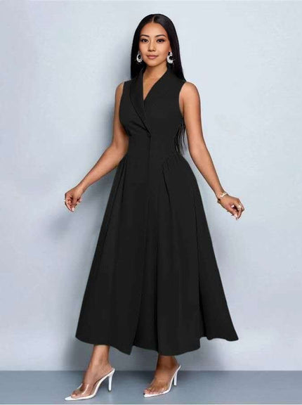 Black sleeveless midi dress with pleated A-line skirt and V-neck wrap bodice