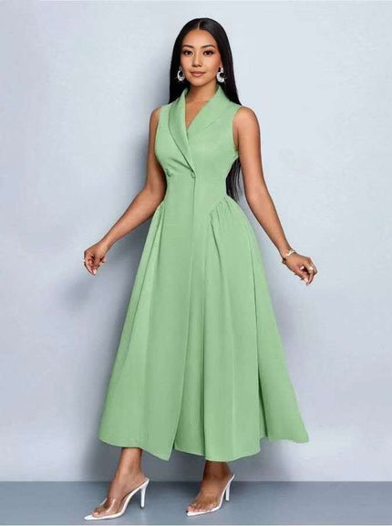 Mint green sleeveless midi dress with pleated A-line skirt and V-neck wrap bodice