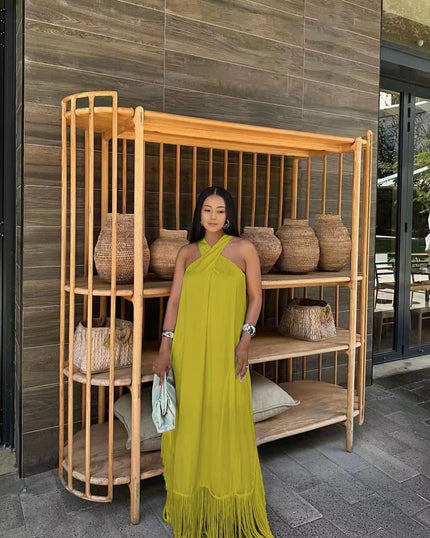 Lime green halter maxi dress with tassel fringe hem and draped front