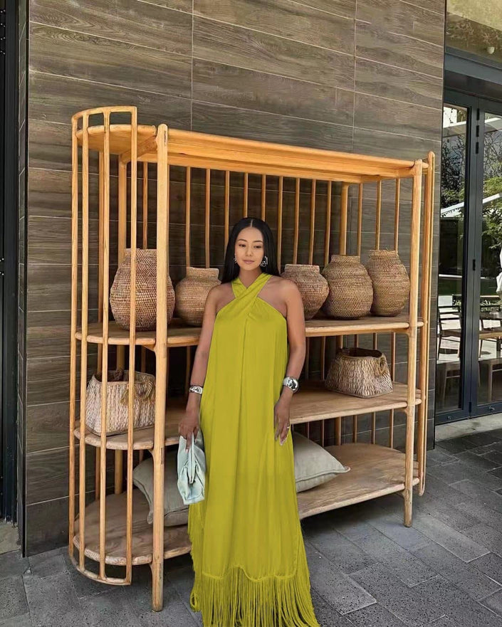 Lime green halter maxi dress with tassel fringe hem and draped front