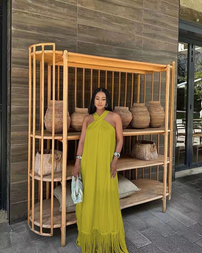 Lime green halter maxi dress with tassel fringe hem and draped front