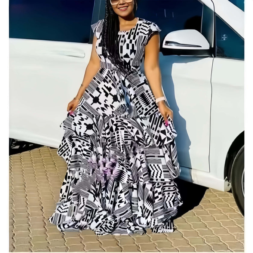 Geometric Print Flared Dress with Ruffled Tiered Skirt and Fitted  Bodice