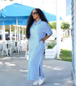 Vertical Stripe Button-Up Midi Dress with Collar and Front Slit