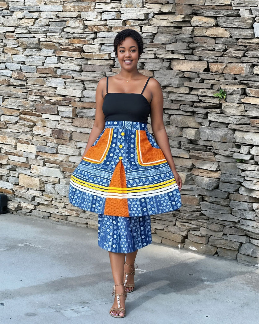 Women's 3-Piece Skirt Set with Sleeveless Turtleneck Top and Ruffled African Print Skirt