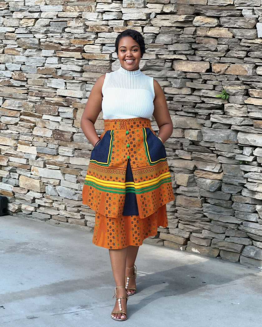 Women's 3-Piece Skirt Set with Sleeveless Turtleneck Top and Ruffled African Print Skirt