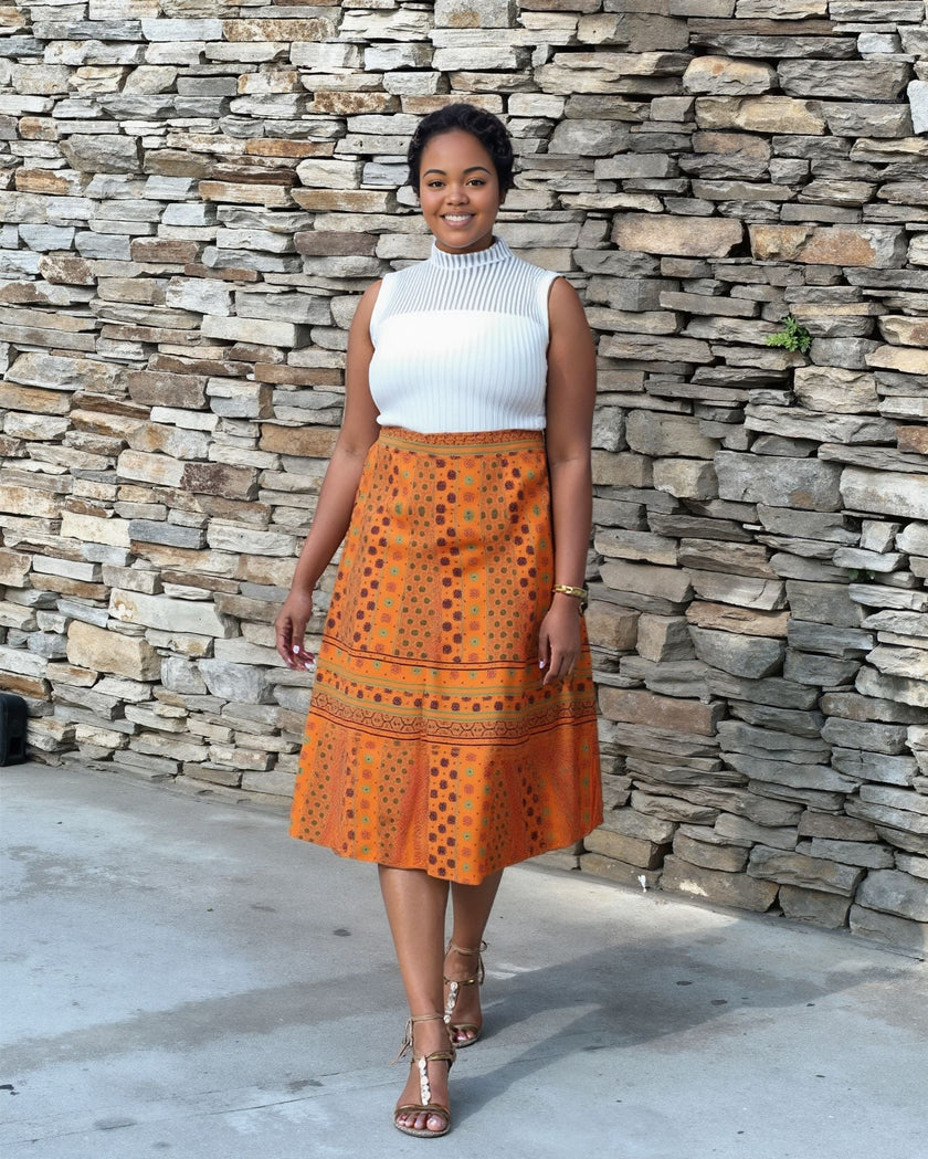 Women's 3-Piece Skirt Set with Sleeveless Turtleneck Top and Ruffled African Print Skirt