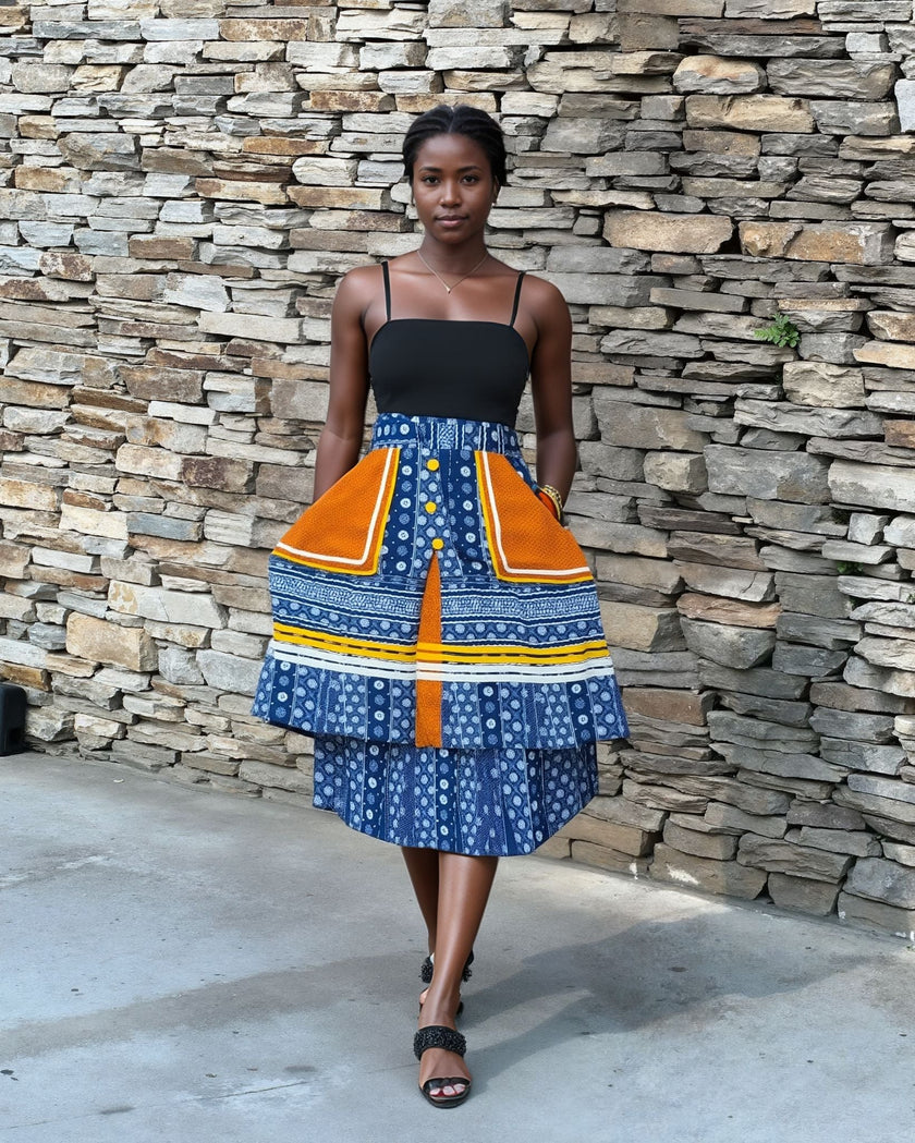 Women's 3-Piece Skirt Set with Sleeveless Turtleneck Top and Ruffled African Print Skirt