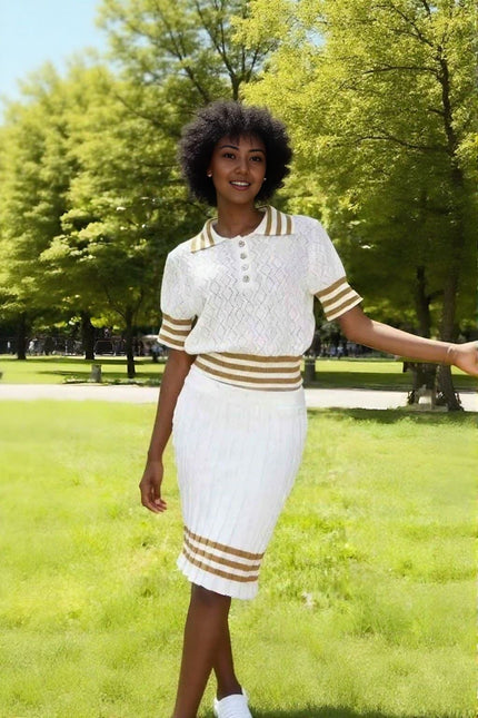 Knit top and skirt set with white fabric and gold striped trim, button-front top