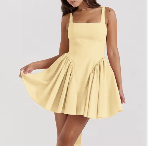 Sleeveless Skater Dress with Square Neck and Pleated Waist