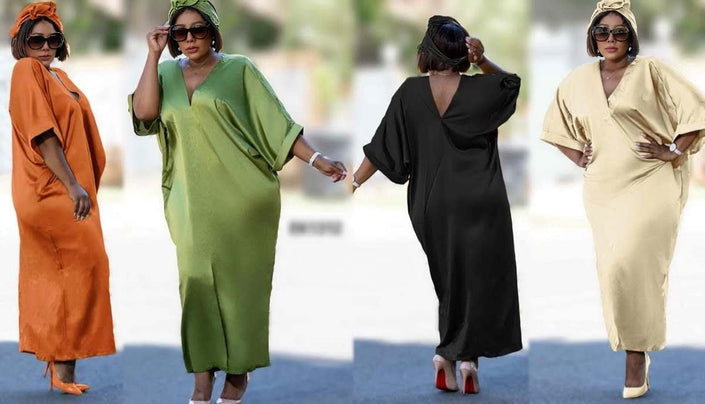 Plus size loose-fit V-neck maxi dress, multicolor green, black, beige, orange