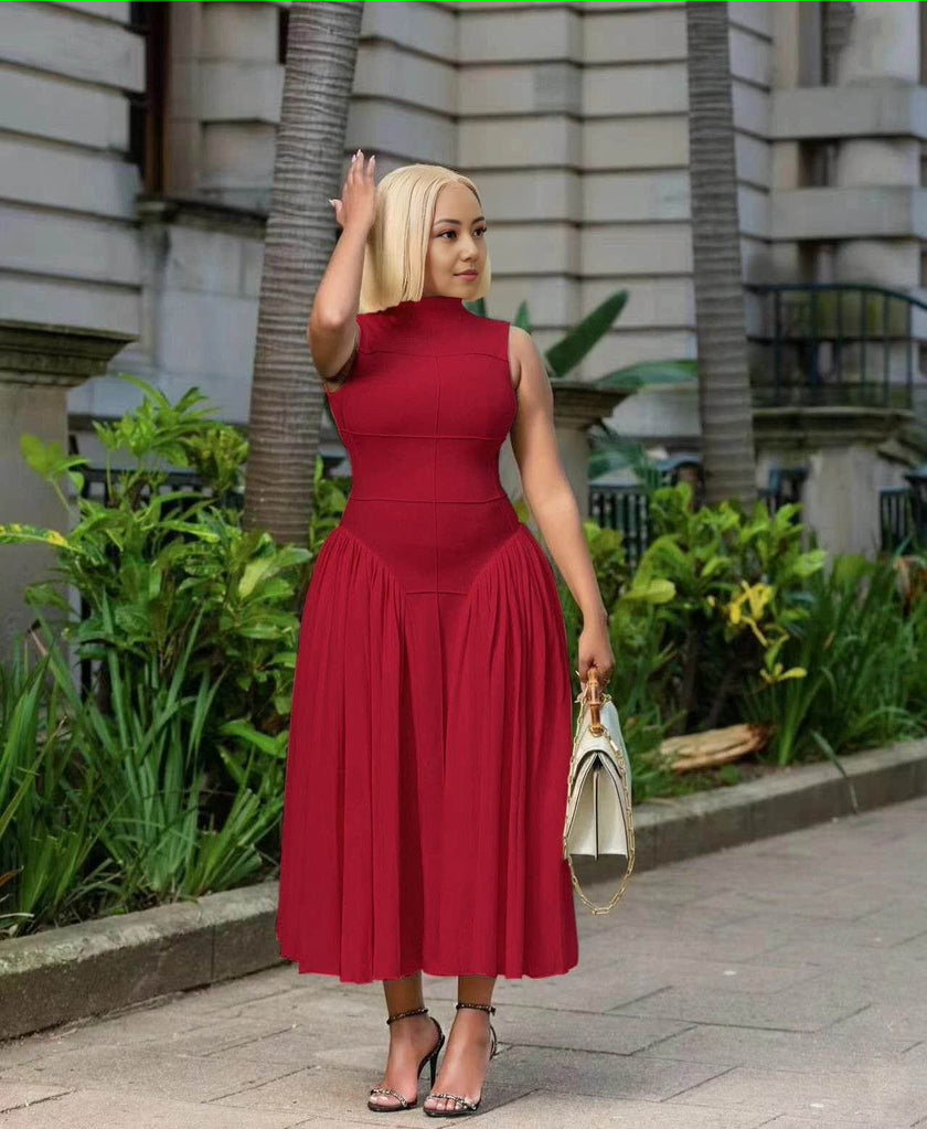 Deep red pleated midi A-line dress, sleeveless high neckline, flared gathered skirt