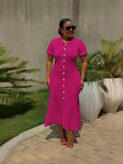 Hot-pink knit midi dress with short sleeves, button front and pleated skirt
