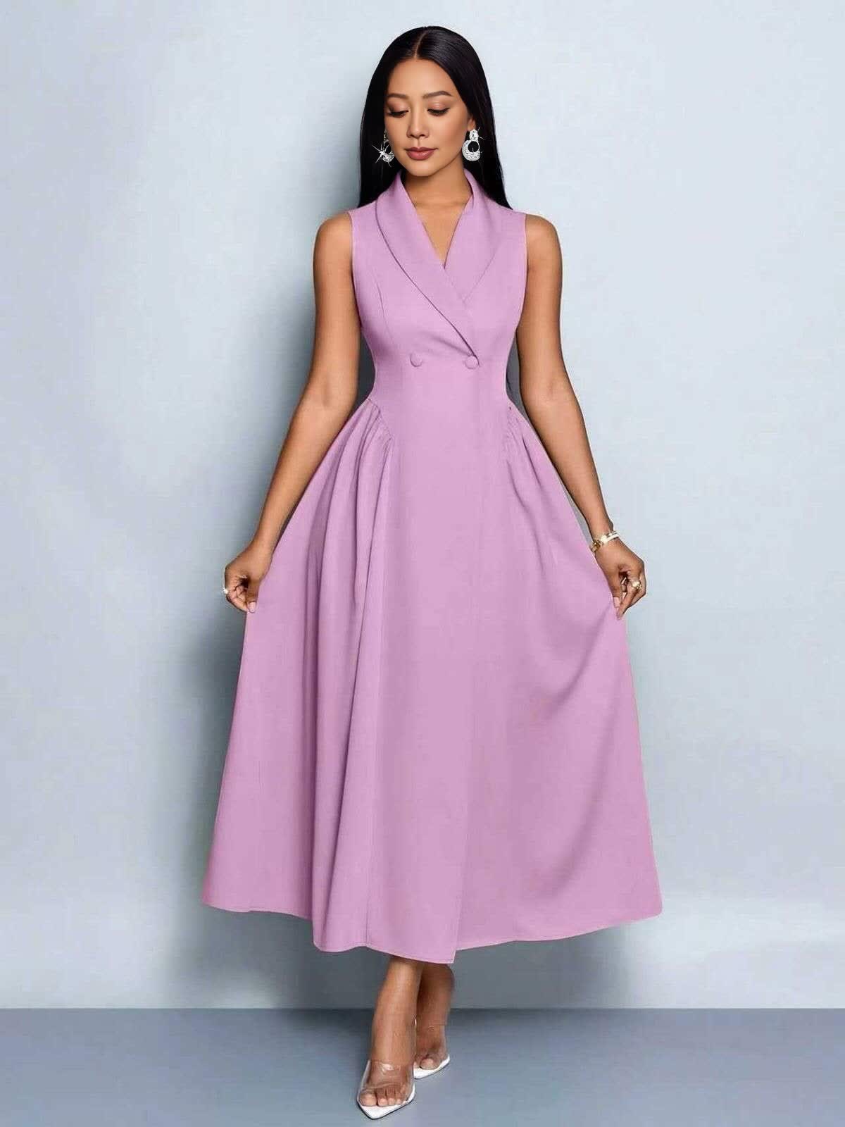 Purple sleeveless midi dress with pleated A-line skirt and V-neck wrap bodice