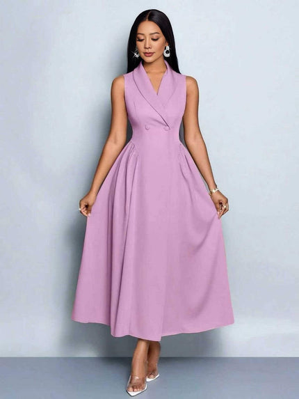Purple sleeveless midi dress with pleated A-line skirt and V-neck wrap bodice
