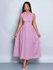 Purple sleeveless midi dress with pleated A-line skirt and V-neck wrap bodice
