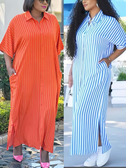 Collared striped midi dress with front slit, shown in orange-red and light blue.