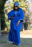 Geometric maxi dress in royal blue with patterned yoke and matching border trim