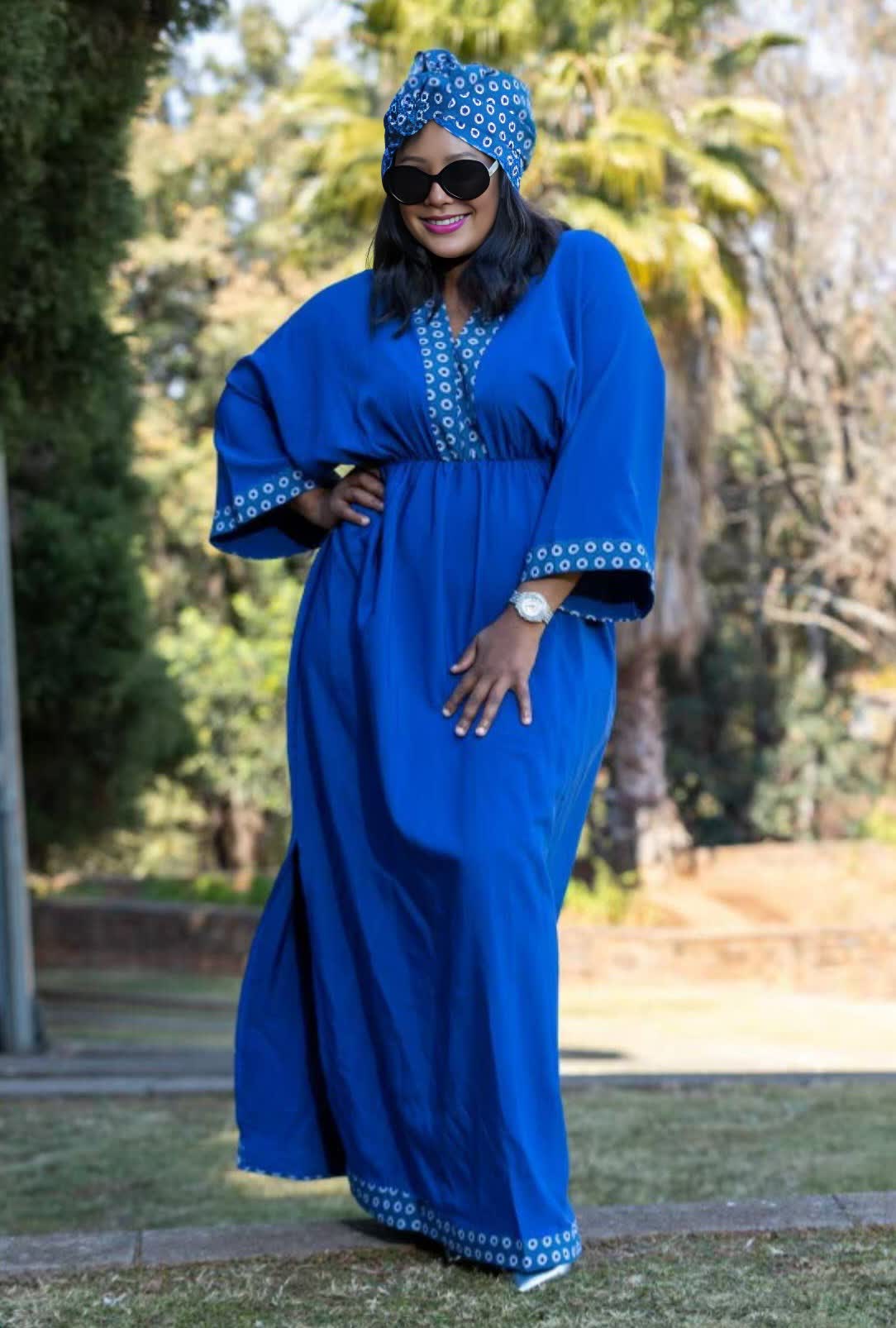 Geometric maxi dress in royal blue with patterned yoke and matching border trim