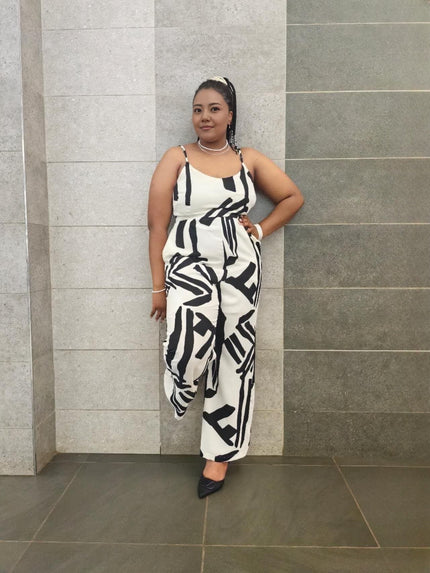 : Women's Sleeveless Wide-Leg Jumpsuit with Abstract Black and White Geometric Print