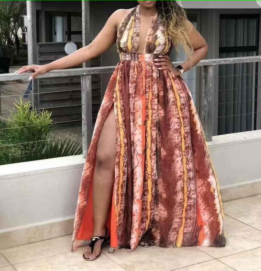 Halter Neck High-Low Pleated Dress with Vertical Stripe Design