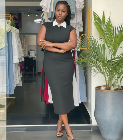 Dark midi dress with white contrast collar and cap sleeves